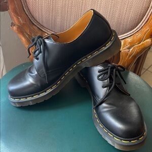 Dr. Martens Black Leather Oxfords with Yellow Stitching